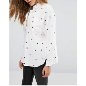 Mango Casual White Shirt w/ Black Star Embroidery | Size M